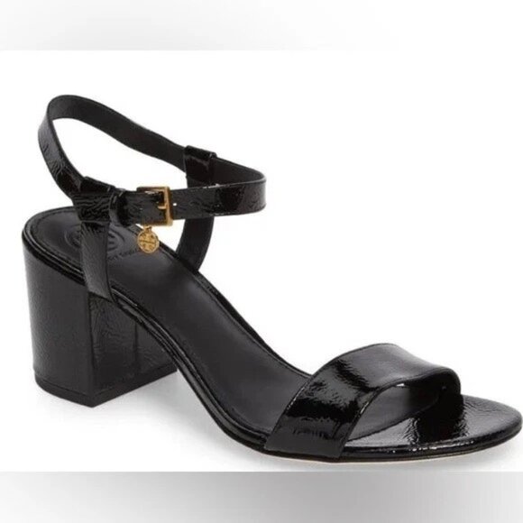 New! Tory Burch Laurel Ankle Strap Sandal Patent Black Leather Size 6.5 M DD222A - Picture 1 of 10